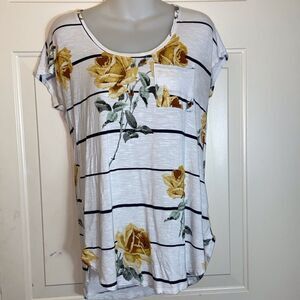 24/7 Maurices S Yellow White Flowers Striped Casual Shirt Top